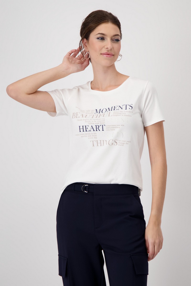 Monari Monari Γυναικείο T-shirt Regular Fit με Στρας "Off-white"